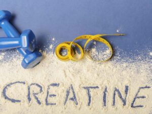Creatine supplement with text overlay showing benefits for brain health, energy, and muscle tone for both men and women