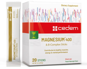 CEDEM MAGNESIUM 400® supplement for energy and muscle health in peach-maracuja flavored powder sticks packaging