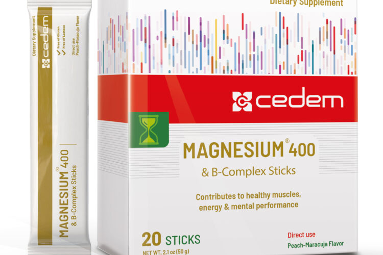 CEDEM MAGNESIUM 400® supplement for energy and muscle health in peach-maracuja flavored powder sticks packaging