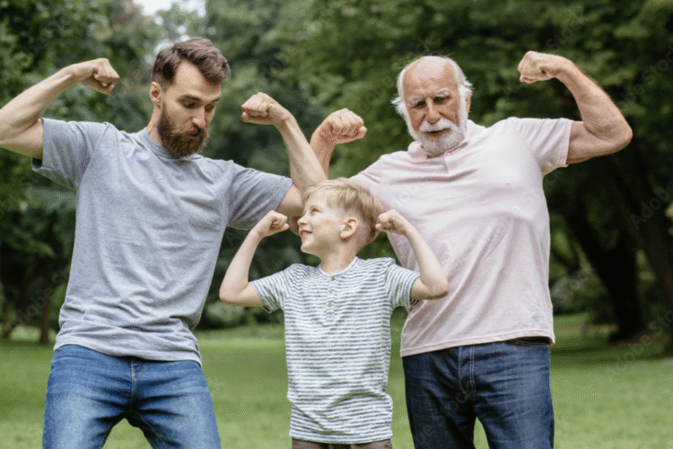 Three generations of men flexing muscles outdoors, symbolizing strength, vitality, and reproductive health supported by MYVER® male fertility supplement