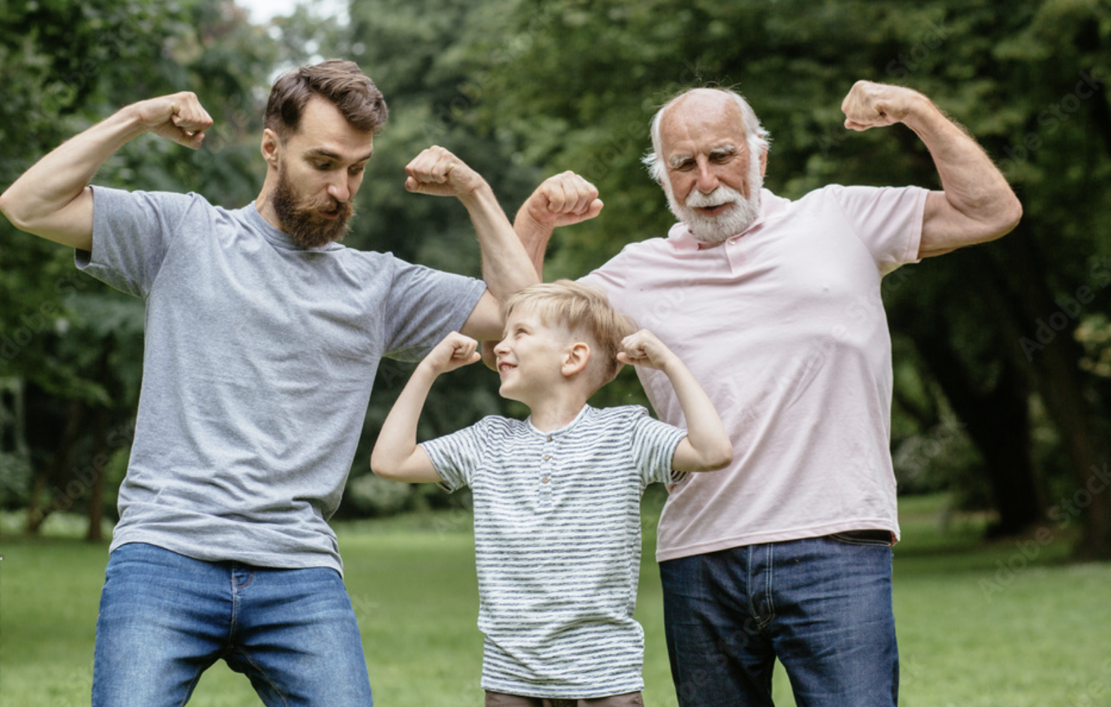 Three generations of men flexing muscles outdoors, symbolizing strength, vitality, and reproductive health supported by MYVER® male fertility supplement