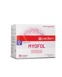 MYOFOL PLUS® fertility supplement box with strawberry-flavored sachets for women’s reproductive health and PCOS support