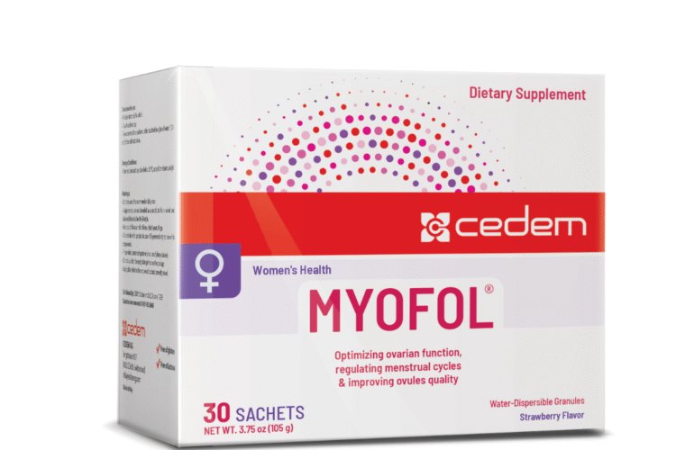 MYOFOL PLUS® fertility supplement box with strawberry-flavored sachets for women’s reproductive health and PCOS support