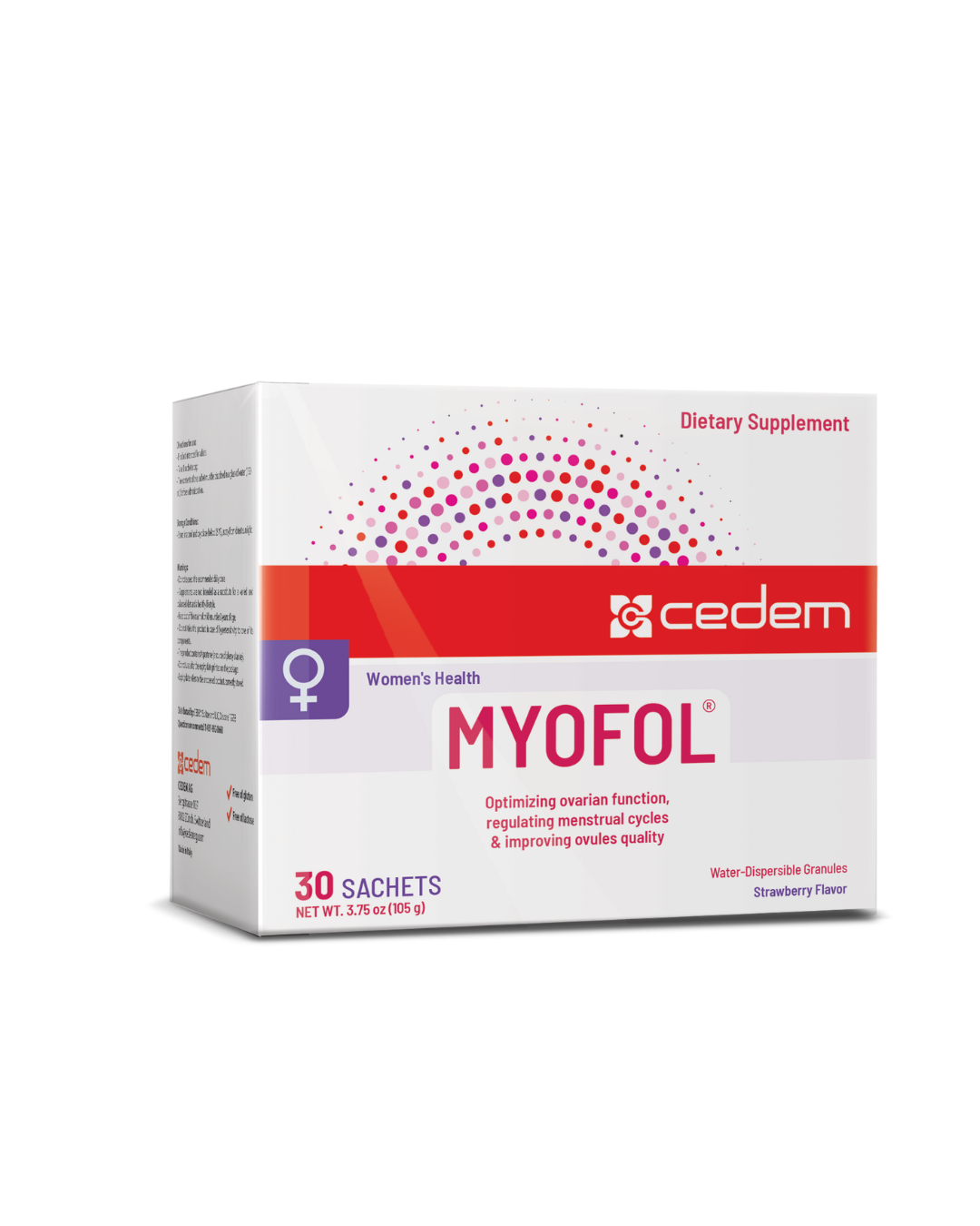 MYOFOL PLUS® fertility supplement box with strawberry-flavored sachets for women’s reproductive health and PCOS support