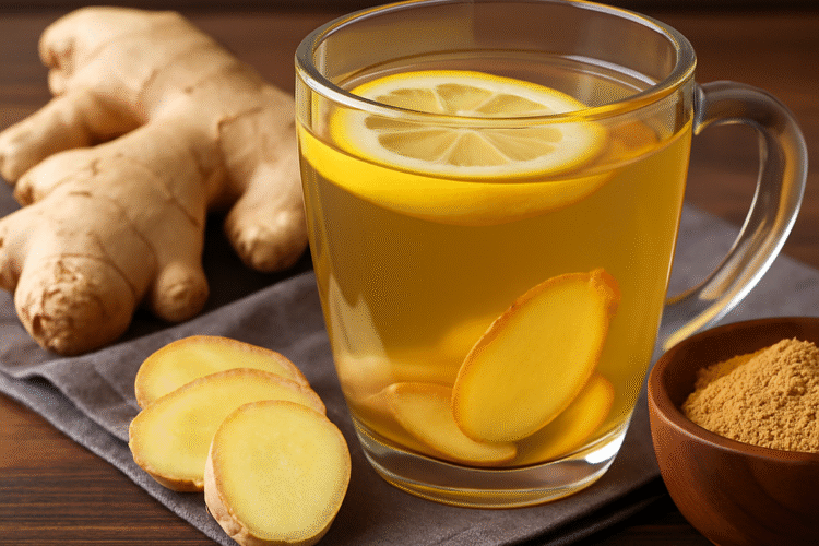 Ginger tea with lemon in a glass cup helps lower blood sugar for type 2 diabetes patients.