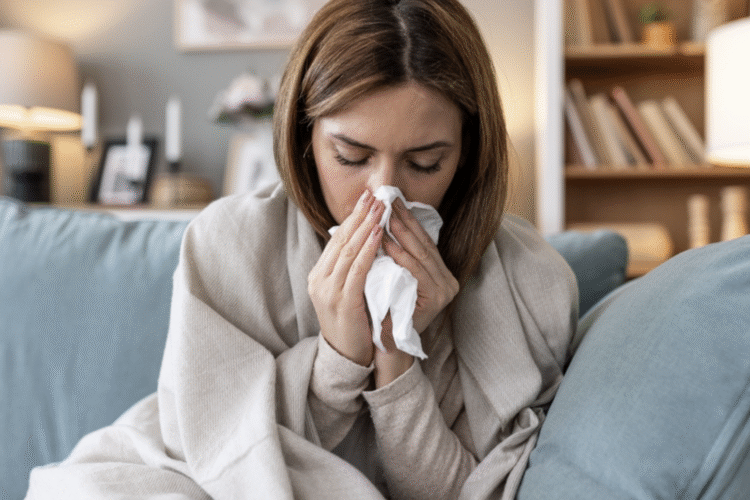 : Woman resting in bed with influenza, showing symptoms like fever, fatigue, and cough.