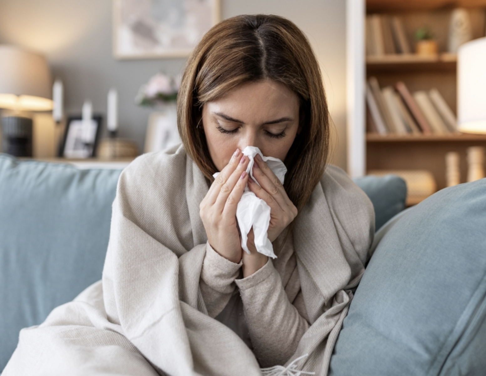 : Woman resting in bed with influenza, showing symptoms like fever, fatigue, and cough.