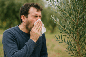 شخص يعطس بجانب شجرة زيتون بسبب حساسية طلع الزيتون