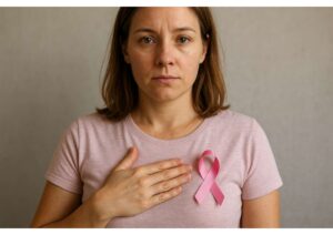 Woman holding a pink ribbon symbolizing breast cancer awareness during Pink October.