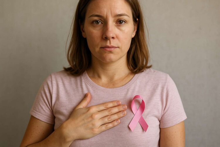Woman holding a pink ribbon symbolizing breast cancer awareness during Pink October.