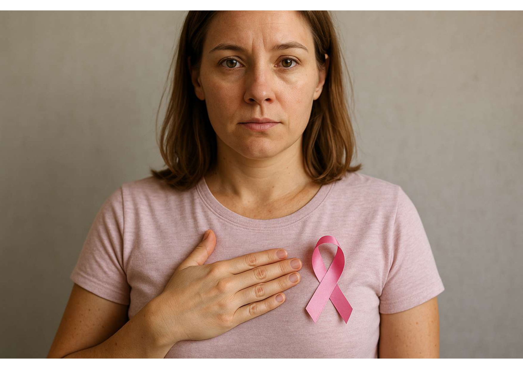 Woman holding a pink ribbon symbolizing breast cancer awareness during Pink October.