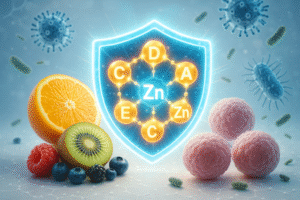 A detailed illustration showing the role of vitamins in immunity, highlighting how vitamins C, D, A, E, and B strengthen immune defenses and fight infections