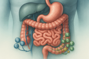 Medical illustration showing the vitamin absorption process in the human digestive system — highlighting how water-soluble and fat-soluble vitamins are absorbed through the intestines into the bloodstream