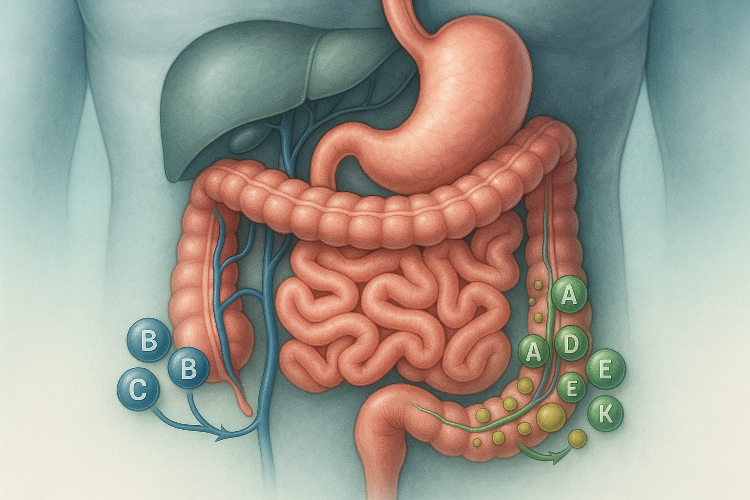 Medical illustration showing the vitamin absorption process in the human digestive system — highlighting how water-soluble and fat-soluble vitamins are absorbed through the intestines into the bloodstream