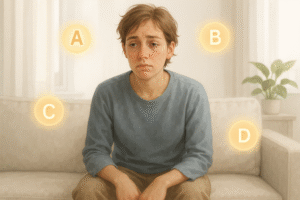 A tired person showing visible symptoms of vitamin deficiency such as fatigue, pale skin, and hair loss