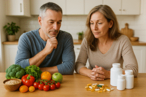 A person comparing natural foods rich in vitamins with supplement pills on a kitchen table, symbolizing balance between natural vitamins and supplements.