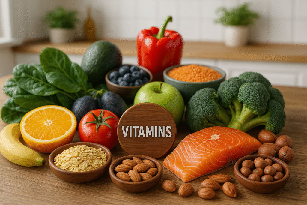 Can the body get all vitamins from food only through natural vitamin-rich foods like fruits, vegetables, nuts, and fish