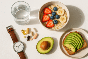 Vitamins and supplements with morning breakfast showing the best time to take vitamins.