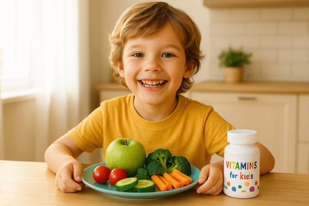 A happy child sitting at a kitchen table with colorful fruits, vegetables, and a bottle of children’s vitamins — representing healthy nutrition and the importance of vitamins for children.