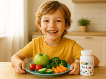 طفل سعيد يجلس على طاولة المطبخ أمام طبق مليء بالفواكه والخضروات مع عبوة فيتامينات للأطفال، في ضوء صباحي دافئ – يرمز إلى التغذية الصحية ودور الفيتامينات للأطفال في تعزيز المناعة والنمو