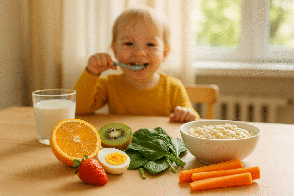 A smiling 2-year-old child sitting at a table eating healthy food rich in vitamins — milk, fruits, and vegetables — representing the best vitamins for 2-year-old children.