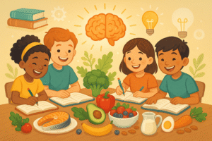 Happy children studying together with healthy foods like fish, eggs, milk, nuts, and fruits that provide the best vitamins for kids’ focus and memory.