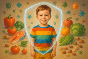 A smiling child surrounded by healthy foods like fruits, vegetables, fish, eggs, and nuts, symbolizing the best vitamins for children’s immunity such as vitamin C, D, A, zinc, and iron, promoting strong and healthy growth.