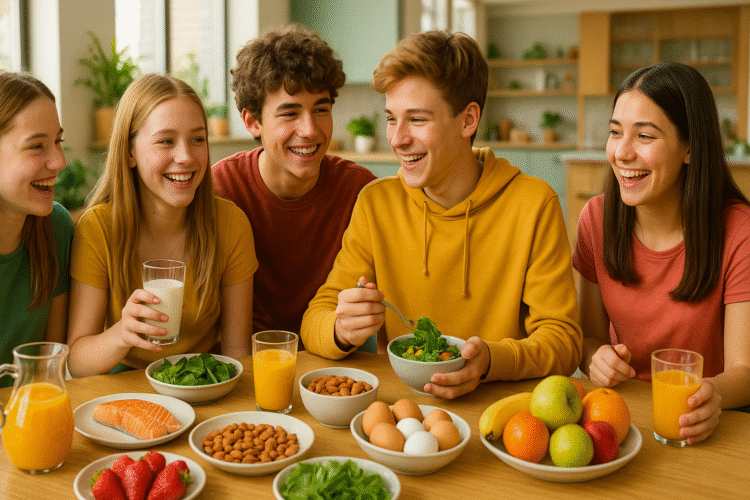 Teenagers sitting around a table filled with healthy foods rich in vitamins for teenagers, such as fruits, vegetables, eggs, and milk, symbolizing growth and energy