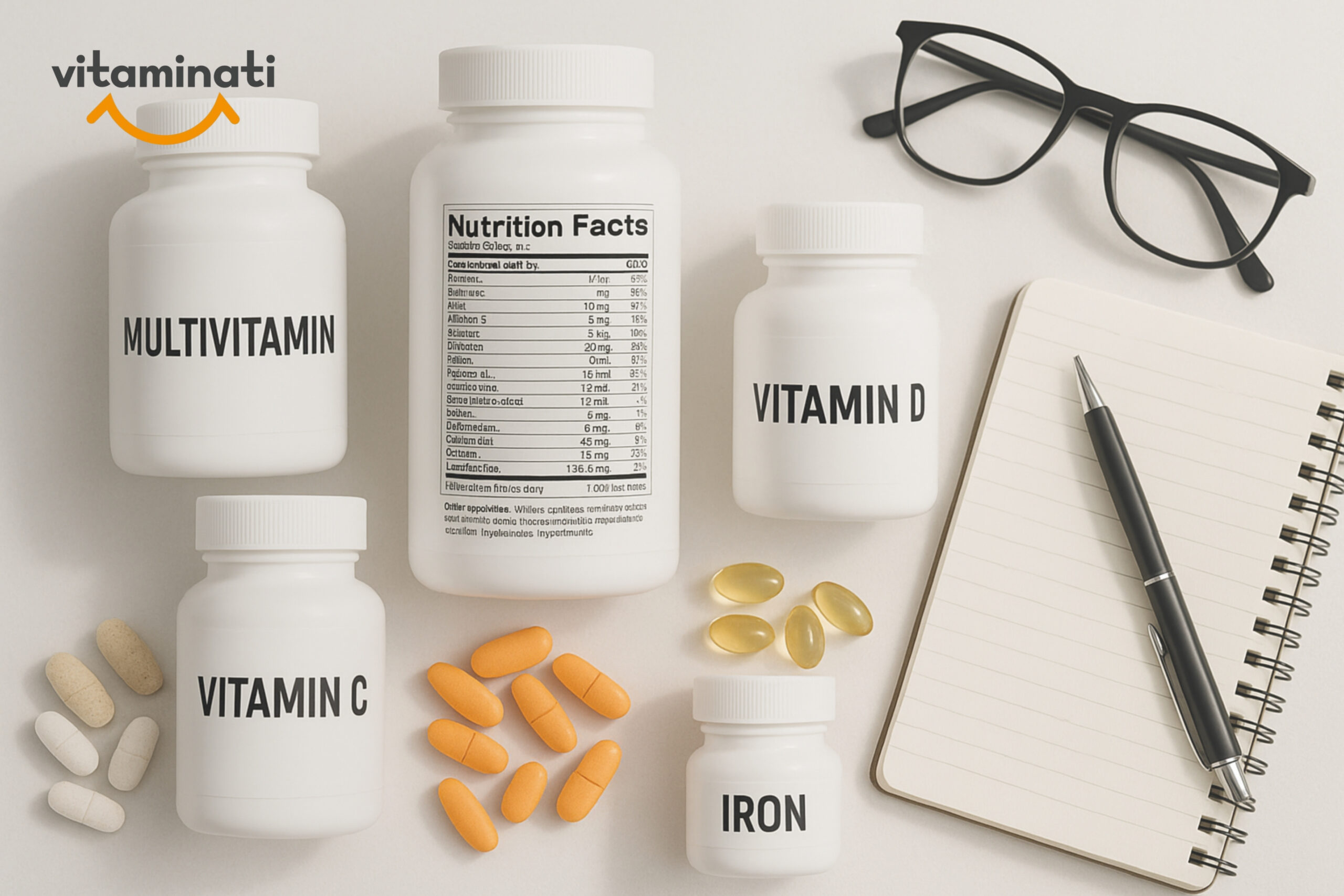 Vitamin supplement bottles with nutrition labels and capsules on a table.